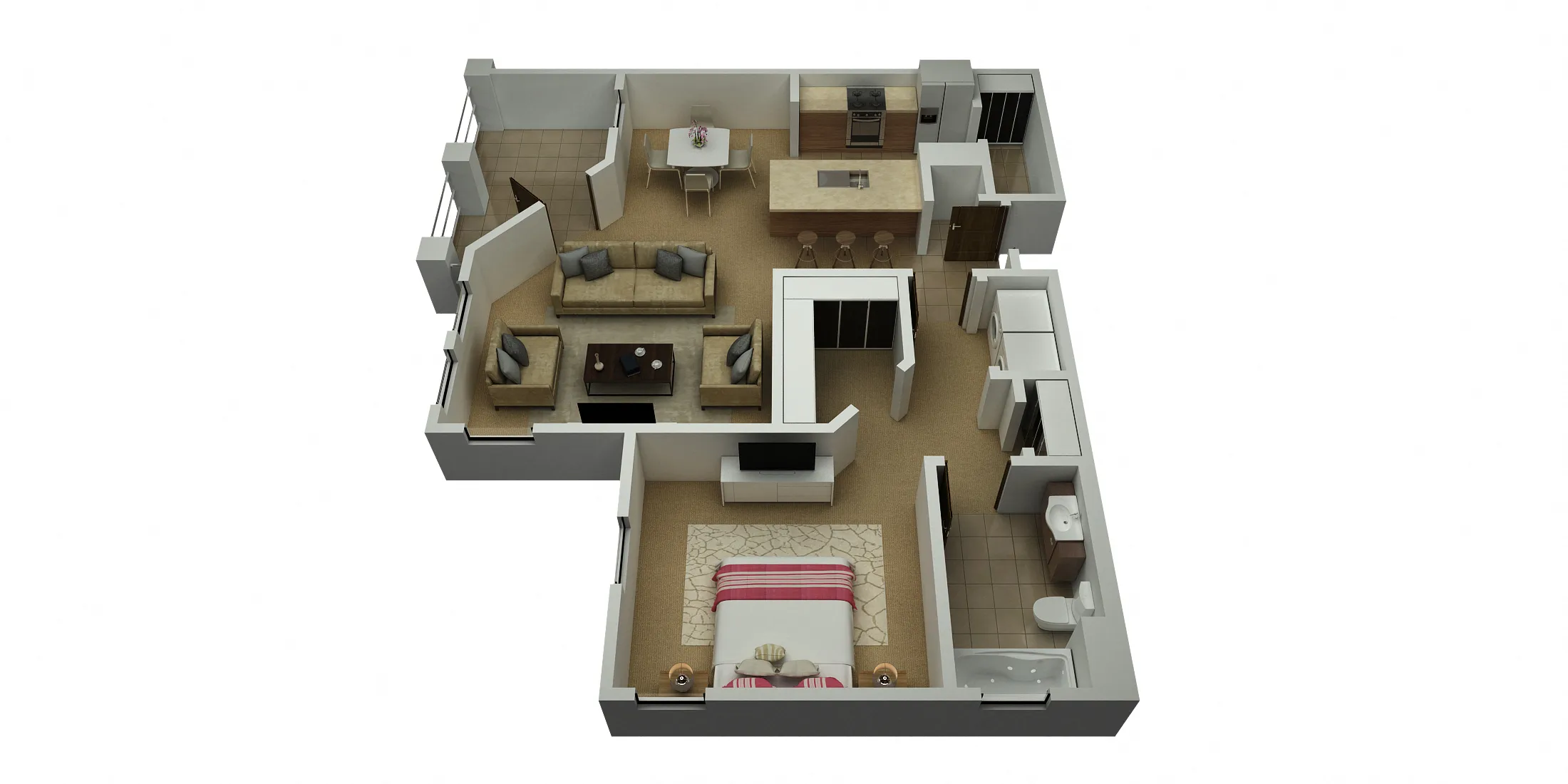Oak floor plan at Ridgepointe: 1 bedroom, 1 bath, 879-897 sq ft