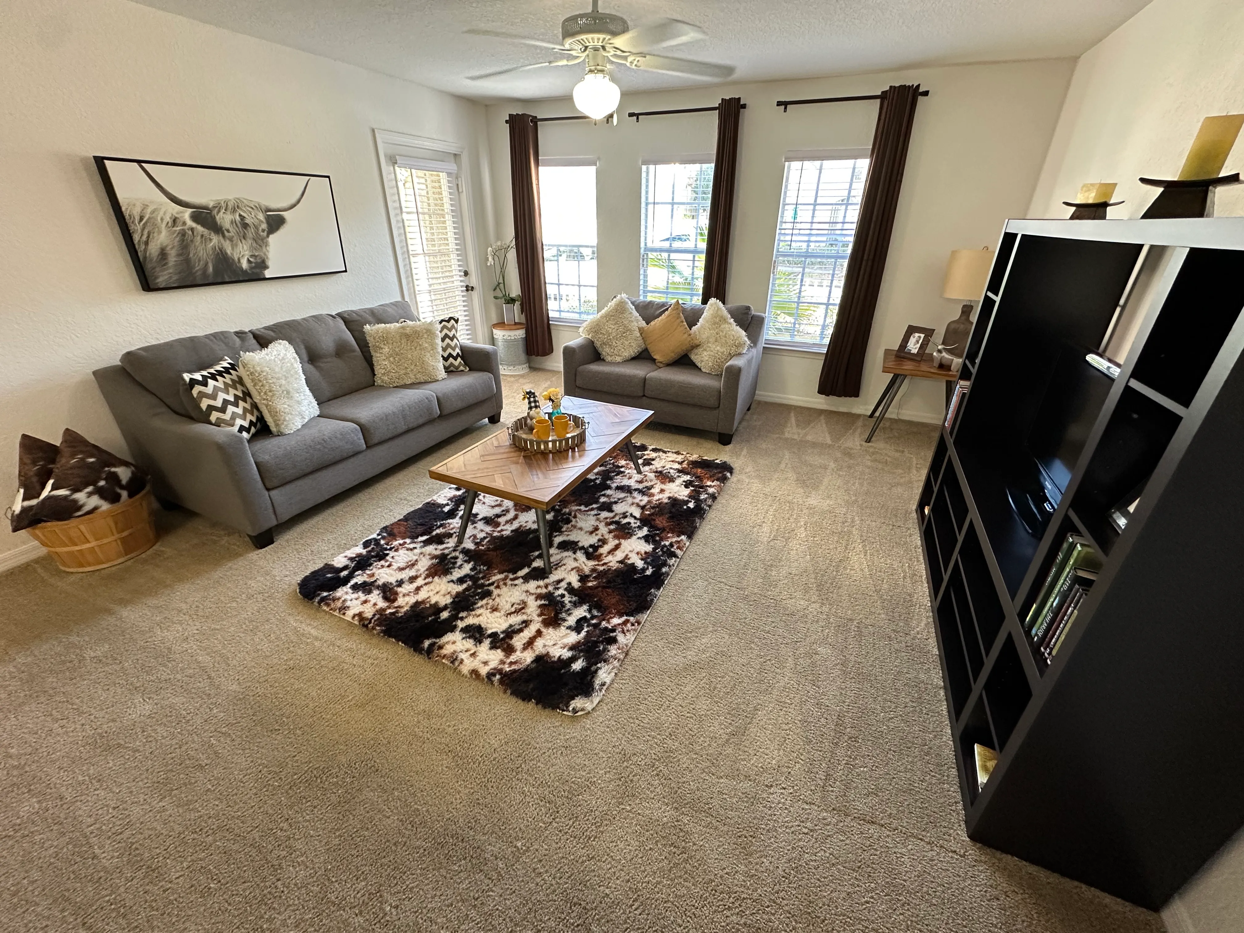 A living room with a grey couch, a black and white cow print rug, and a black entertainment center.