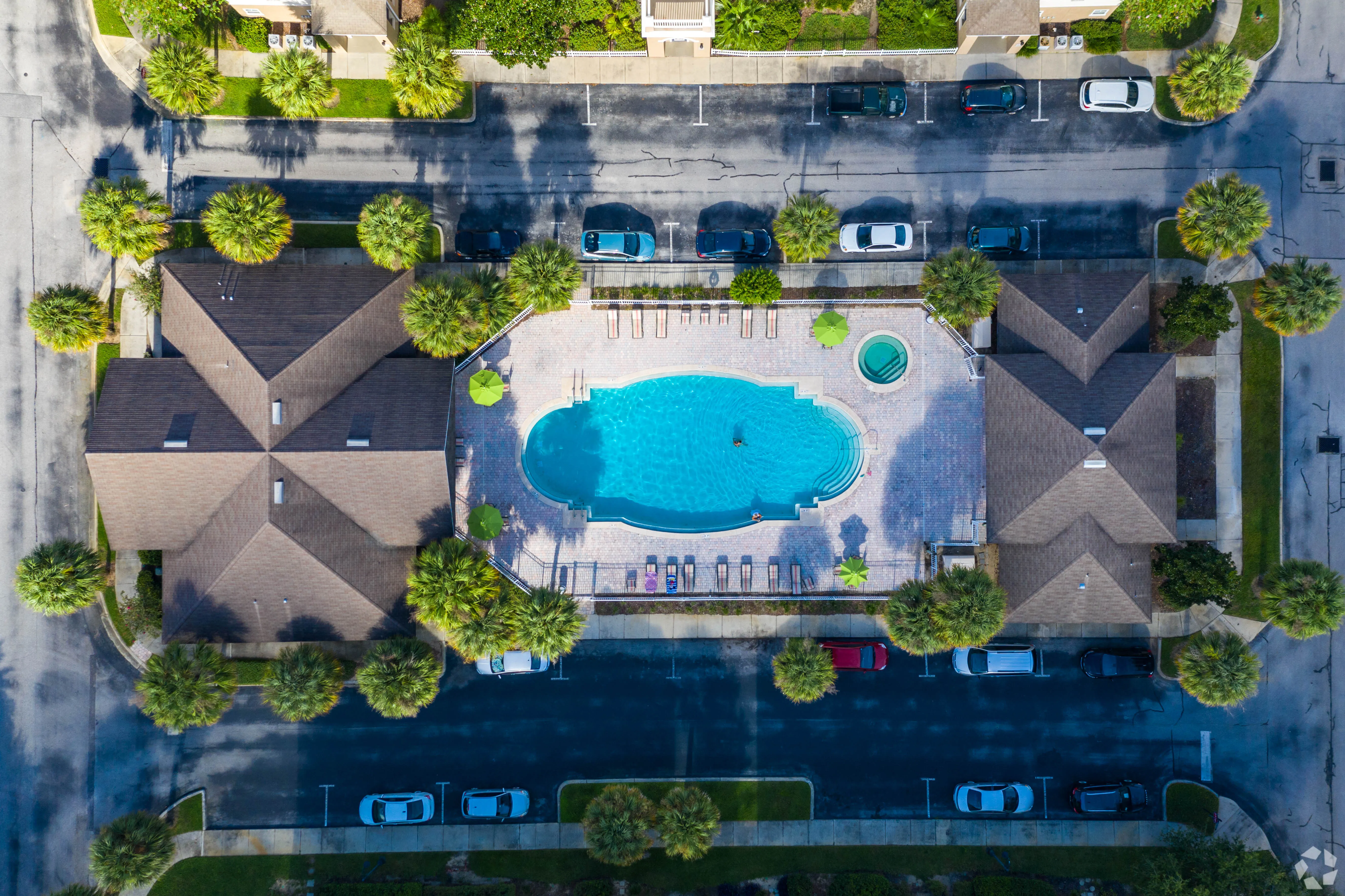 Aerial view of the Ridgepointe pool and surrounding deck
